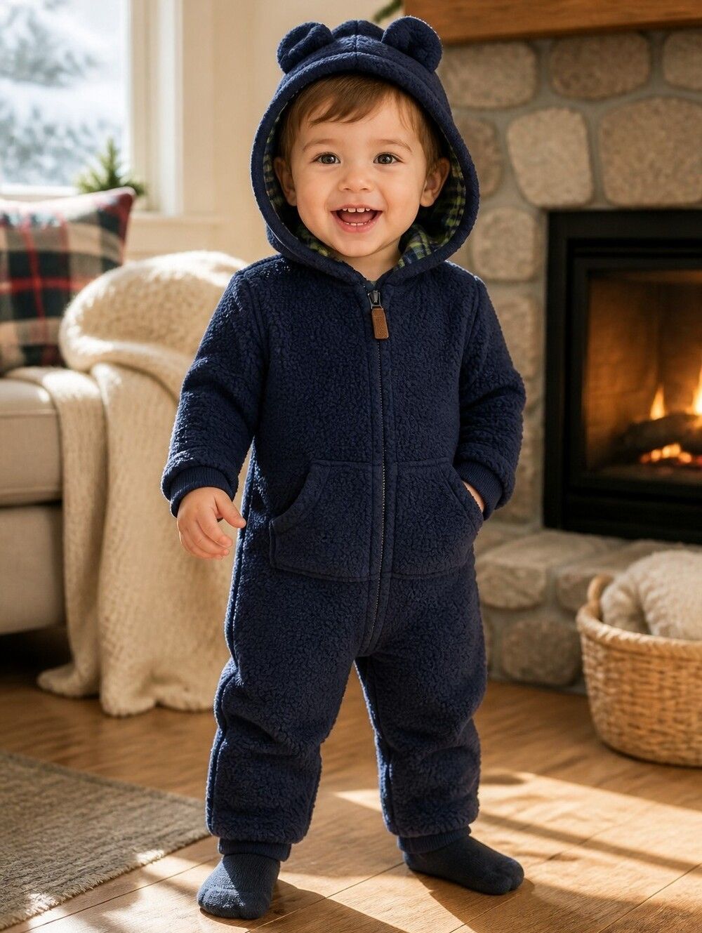 Carter's Baby 24M Navy Blue Sherpa Fleece Hooded Onesie Jumpsuit 1pc Outfit